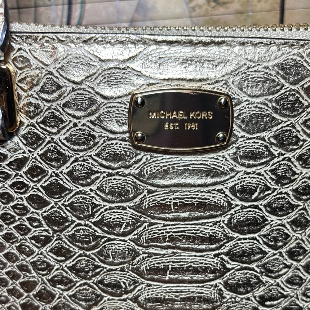MICHAEL Michael Kors Metallic Gold Snakeskin Satchel w Dust Bag, Gold Tone Charm